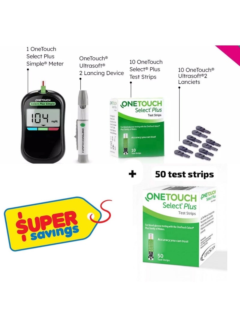 OneTouch Select Plus Simple Bundle glucometer machine with 50 Test Strips + 10 Strips Free | Simple & accurate testing of Blood sugar levels at home, Global Iconic Brand, Includes 10 Sterile Lancets + 1 Lancing device, Black - Image 1